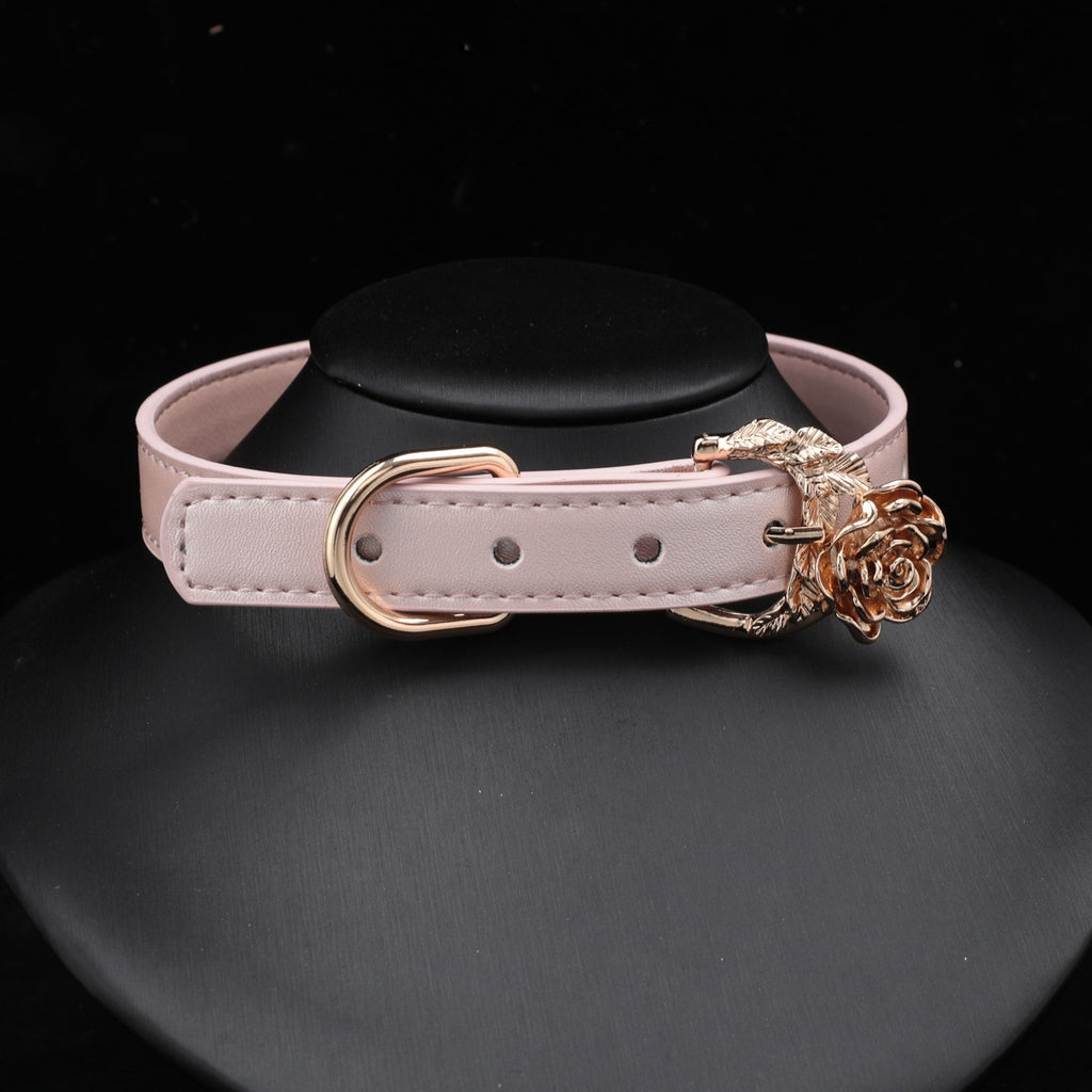 Pearlescent Pink Rose & Butterfly Bell Choker with Leash – close-up | Blackyyds