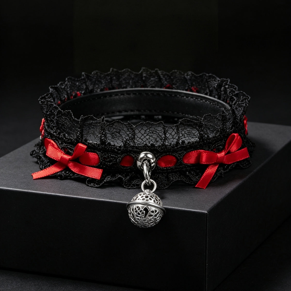 Lace Cowhide Leather Choker with Bow & Palace Bell – close-up | Blackyyds