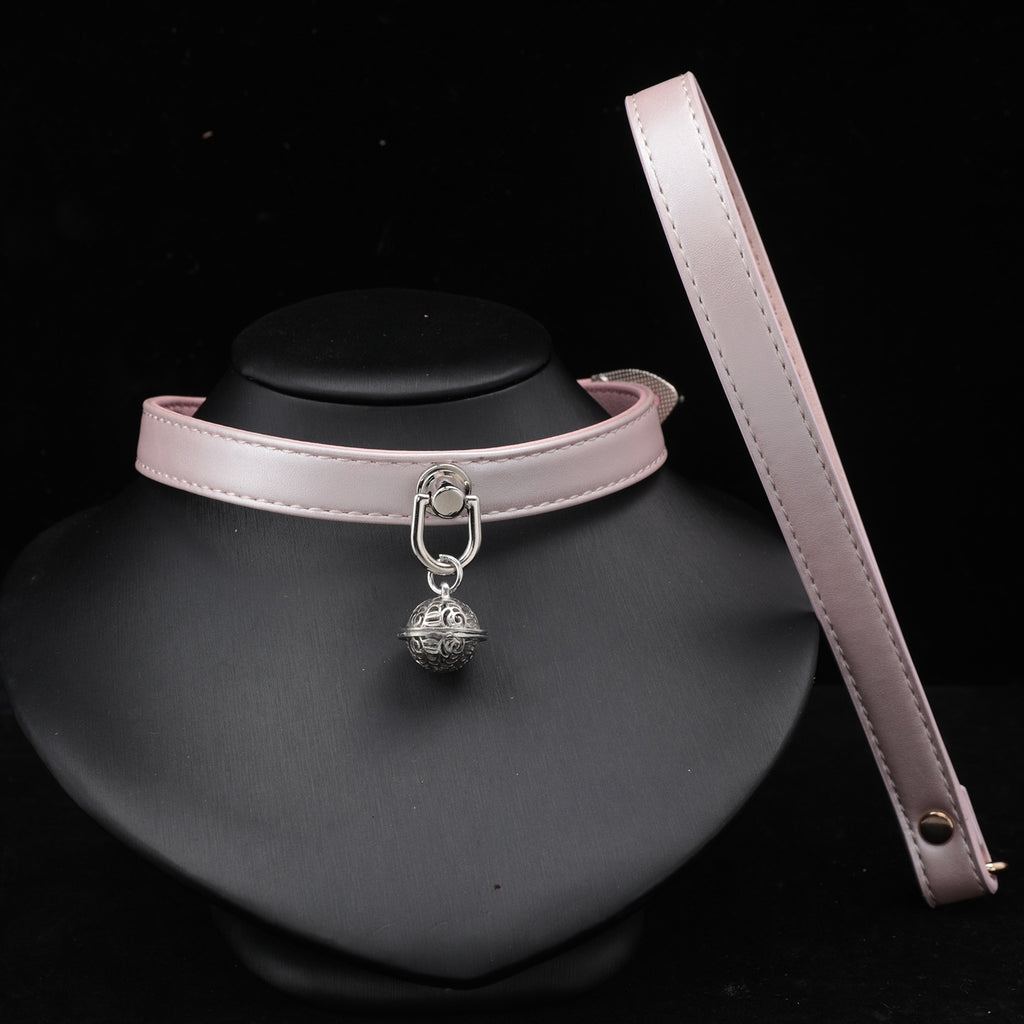 Pearlescent Pink Dog Tag Bell Choker Necklace – close-up | Blackyyds
