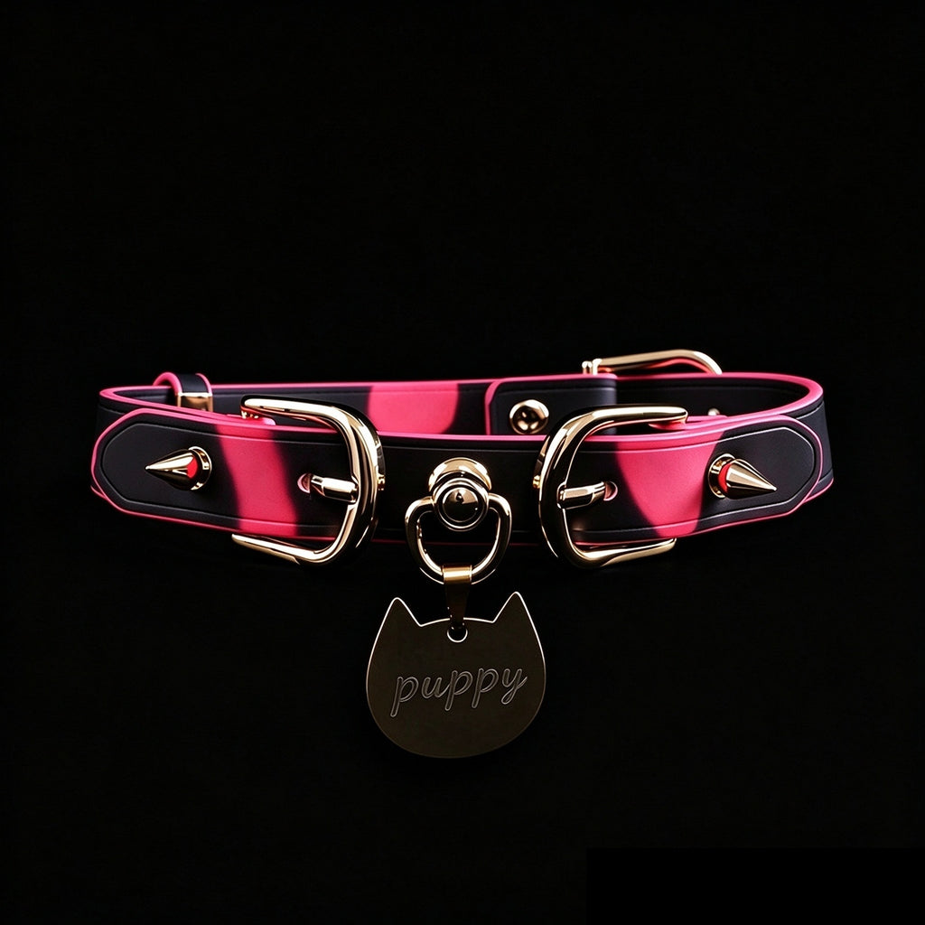 Thermochromic Studded Tag Choker Necklace with Leash – close-up | Blackyyds