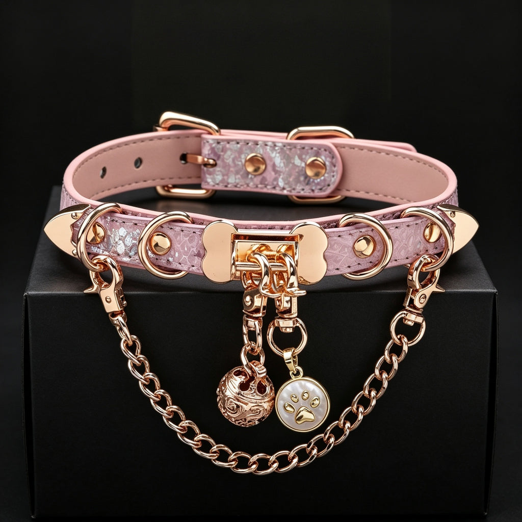 Pink Snake-Texture Choker with Mother-of-Pearl Bell – close-up | Blackyyds