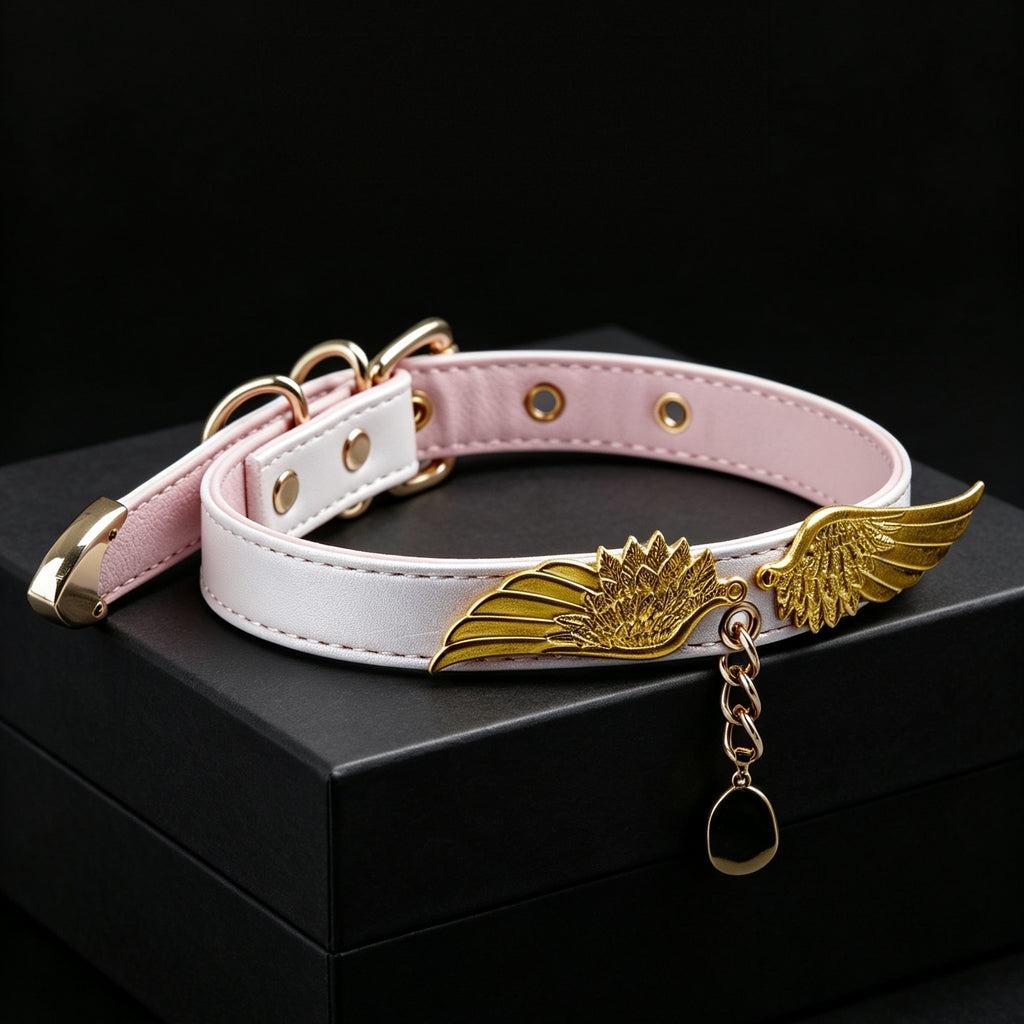 Pearlescent Pink Gold Wing Pendant Choker – side view | Blackyyds