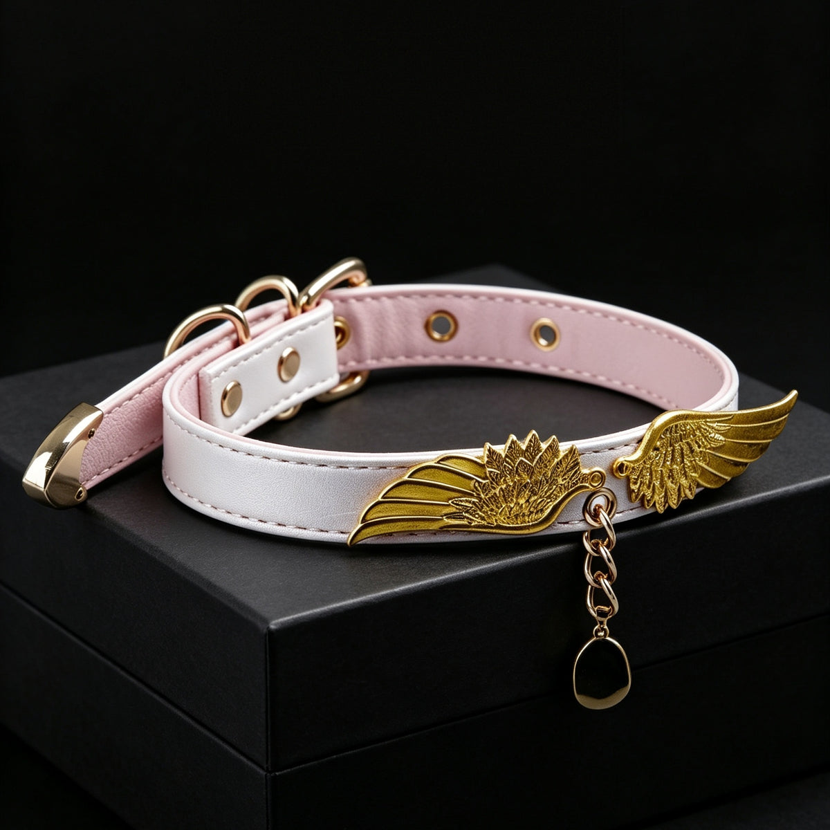 Pearlescent Pink Gold Wing Pendant Choker – side view | Blackyyds