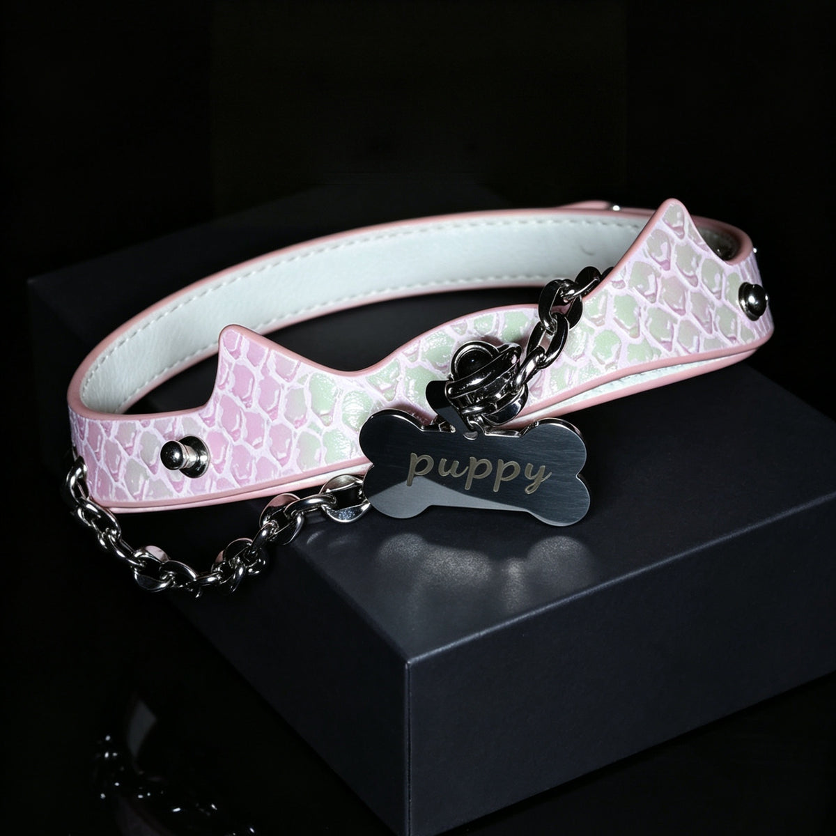 Genuine Snakeskin Cowhide Choker with Leash – side view | Blackyyds