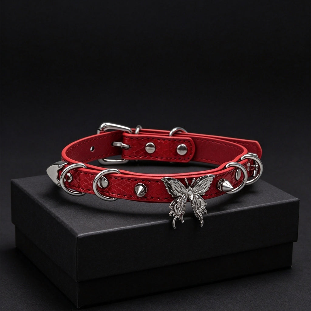 Red Studded Butterfly Choker with Leash – side view | Blackyyds
