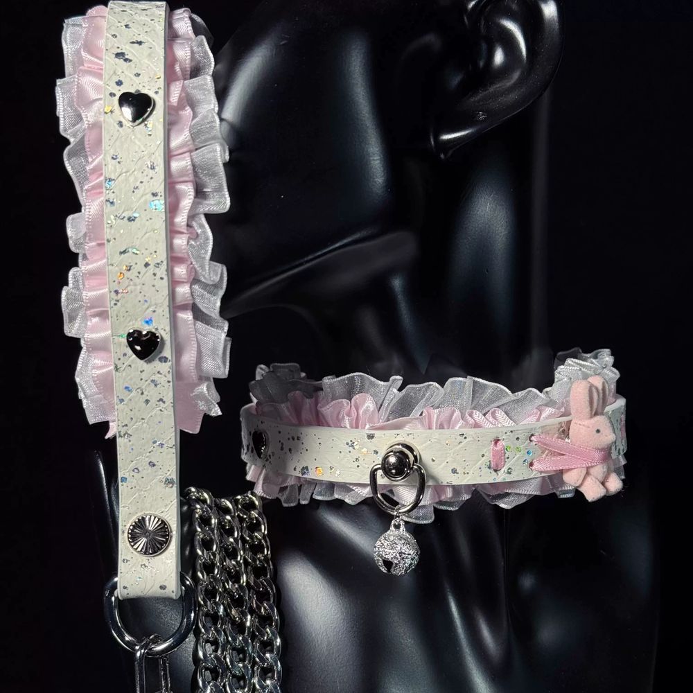 Pink Lace Bell Choker with Leash Chain – side view | Blackyyds