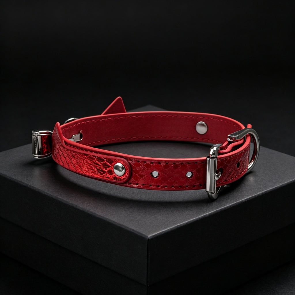 Red Snakeskin Cat Ear Bow Rhinestone Choker with Leash – side view | Blackyyds