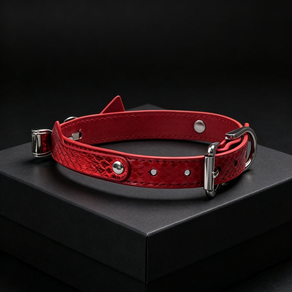 Red Snakeskin Cat Ear Bow Rhinestone Choker with Leash – side view | Blackyyds