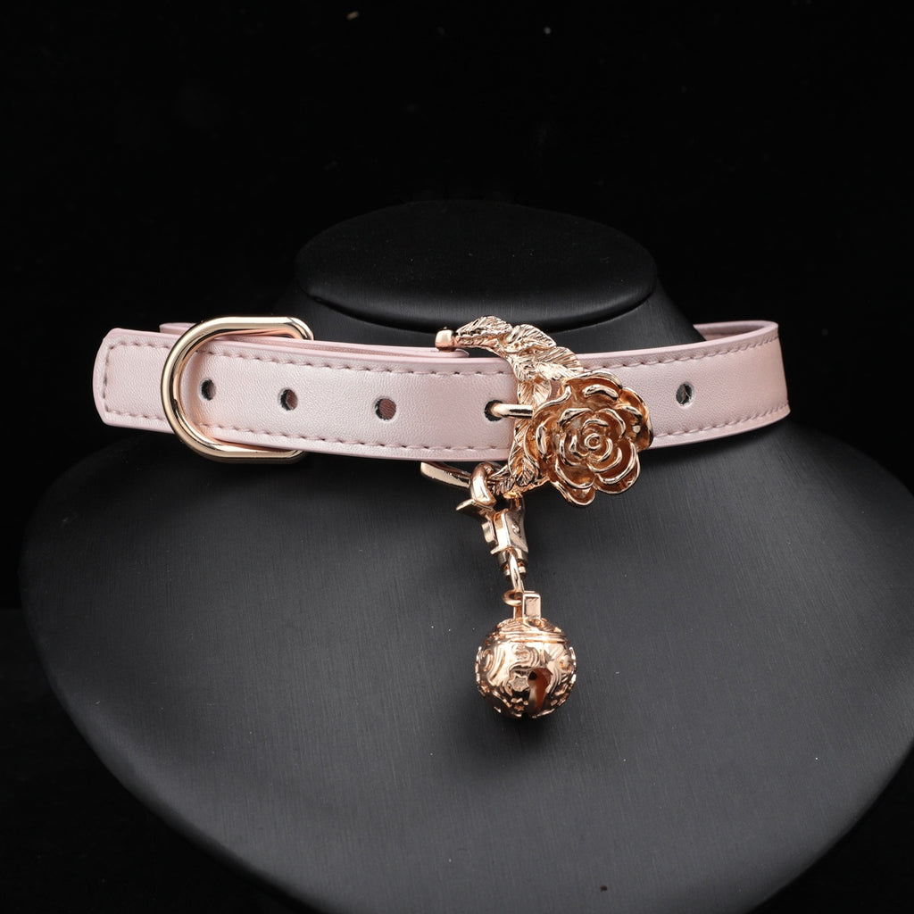 Pearlescent Pink Rose & Butterfly Bell Choker with Leash – side view | Blackyyds