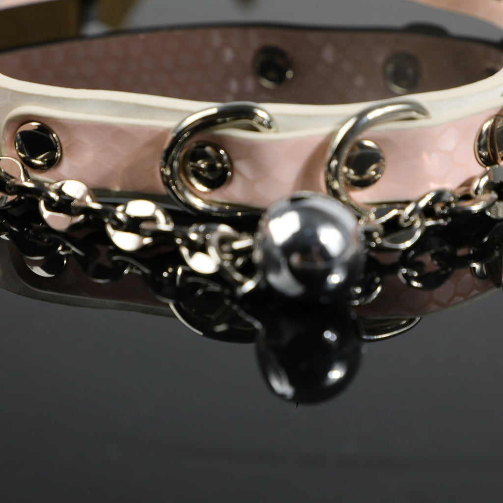 Soft Pink Snake-Texture Leather Bell Choker with Bone Tag – side view | Blackyyds