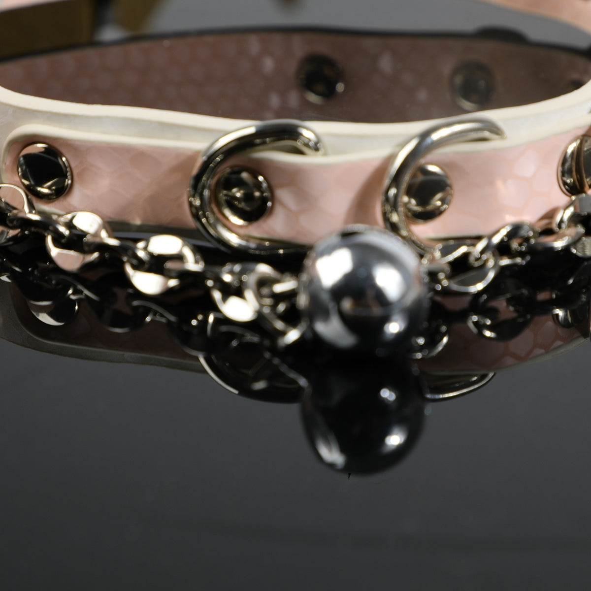 Soft Pink Snake-Texture Leather Bell Choker with Bone Tag – side view | Blackyyds