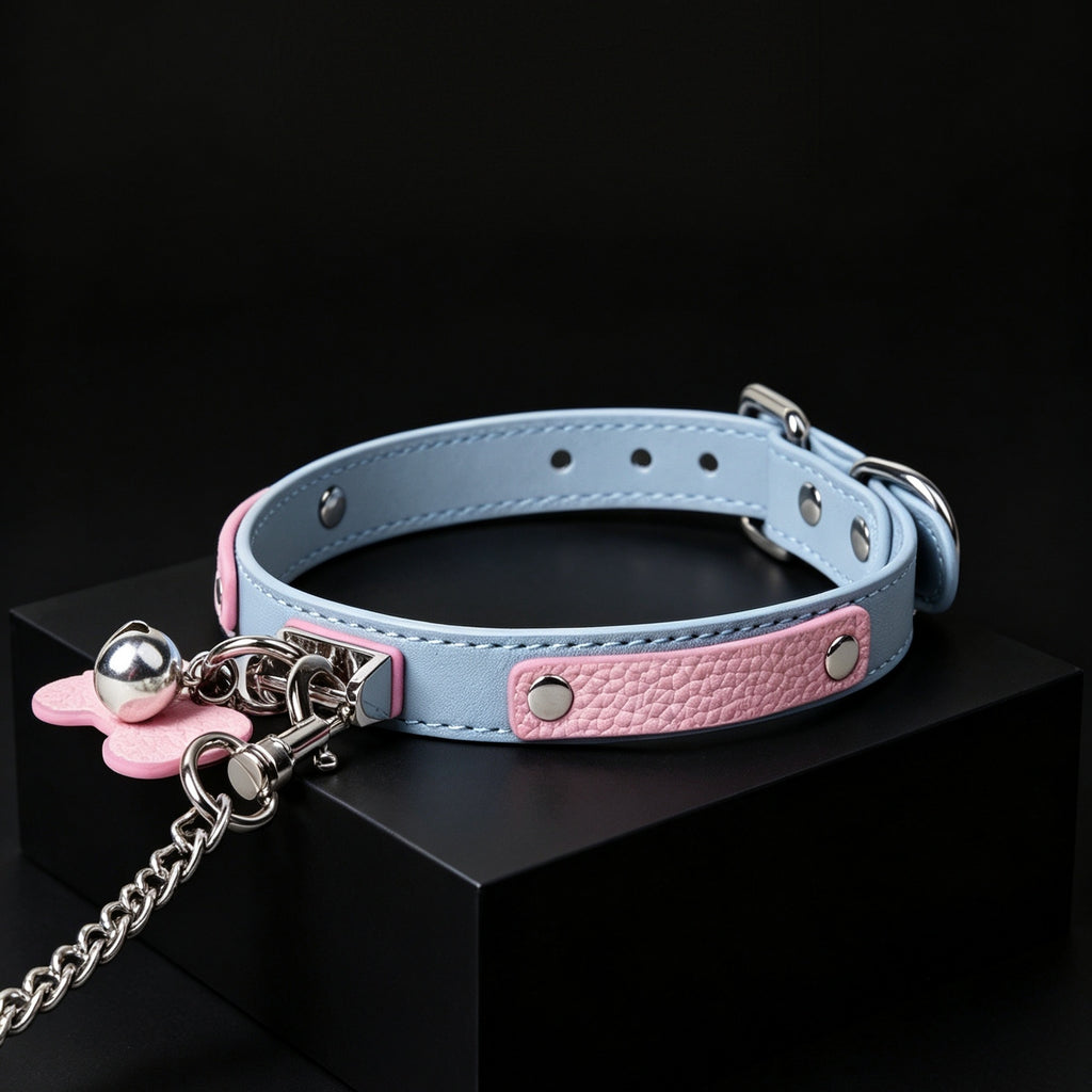 Blue & Pink Bone Charm Bell Choker with Leash Chain – side view | Blackyyds