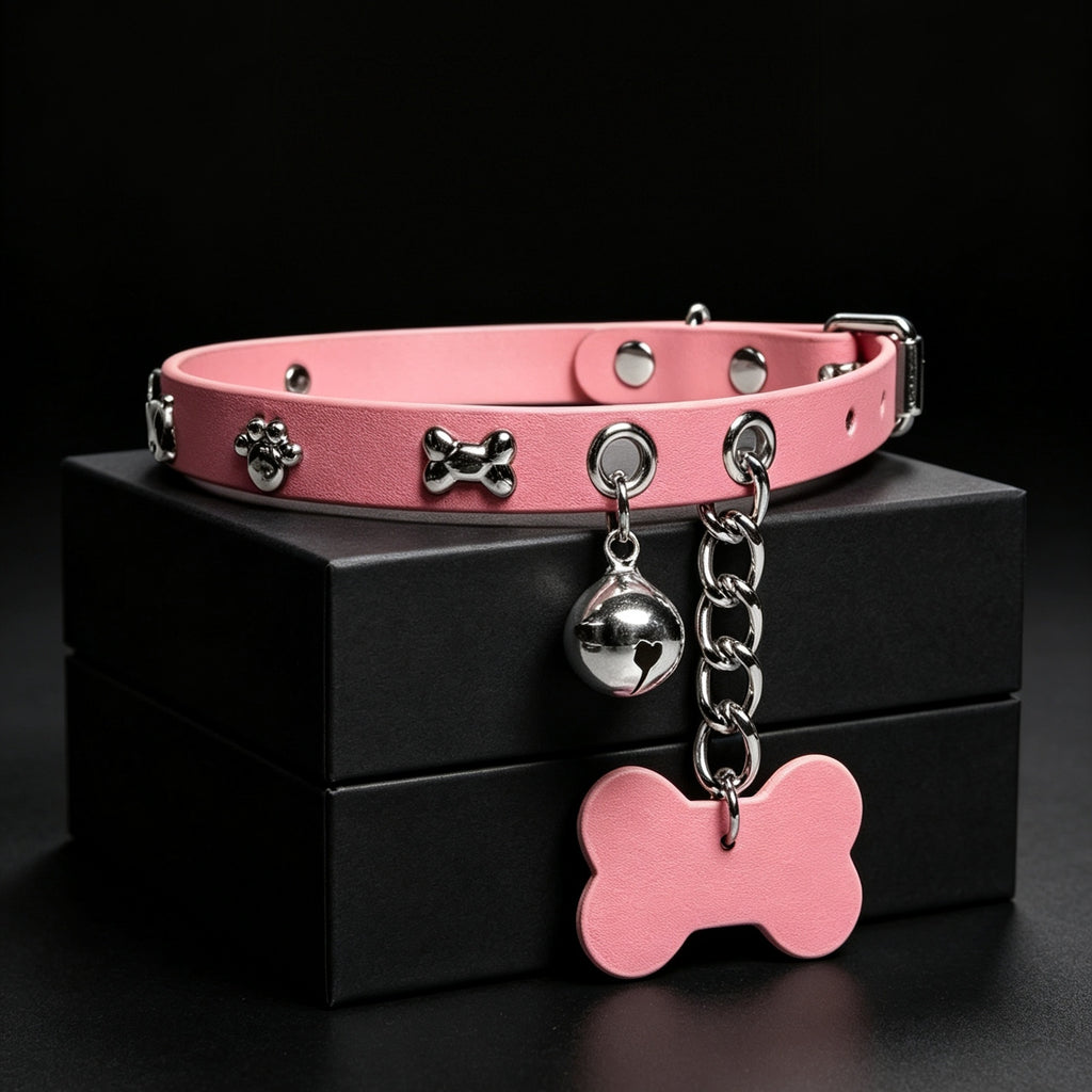 Cowhide Leather Bell Choker with Bone Tag & Leash – side view | Blackyyds