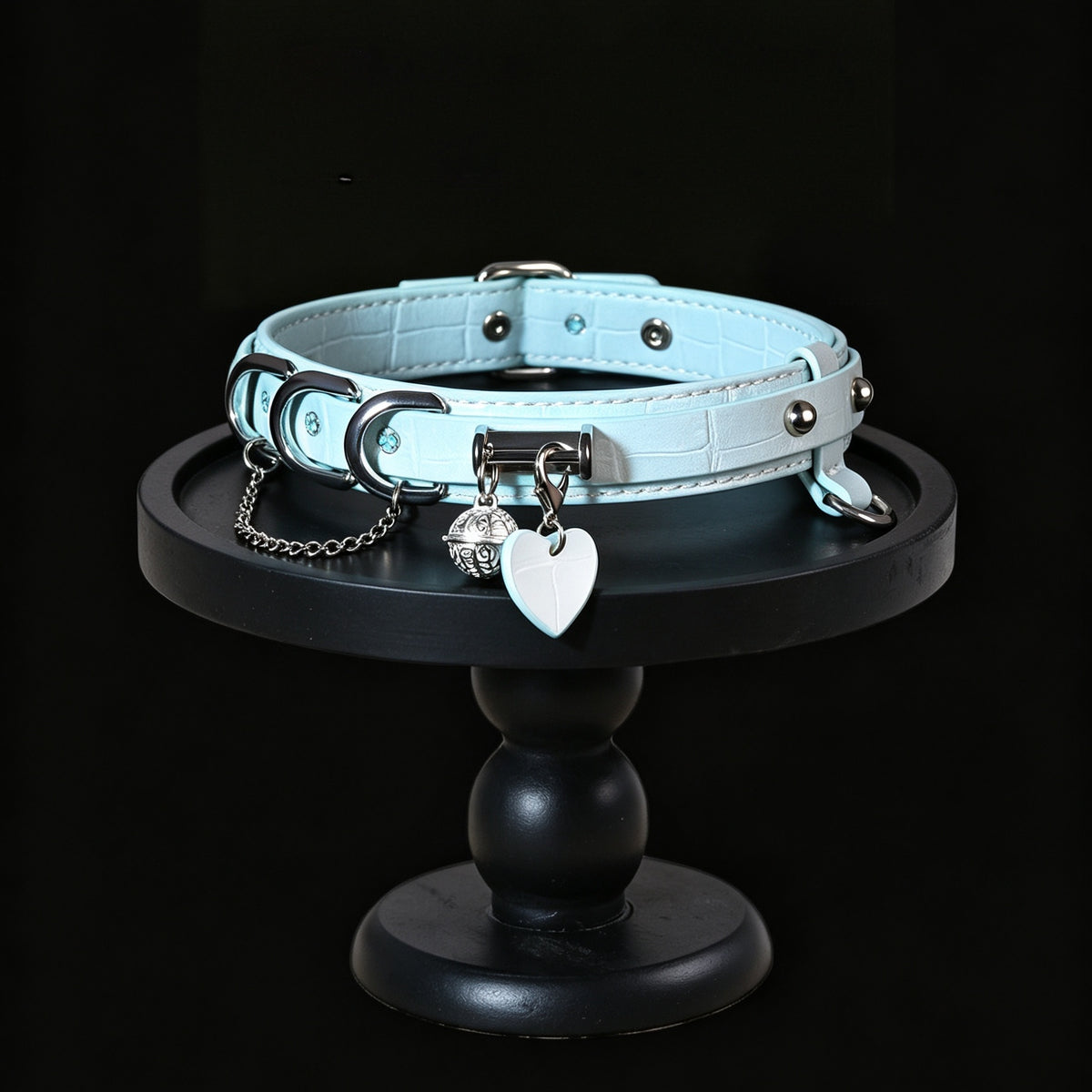 Macaron Leather Bell Choker with Heart Charm & Chain – side view | Blackyyds