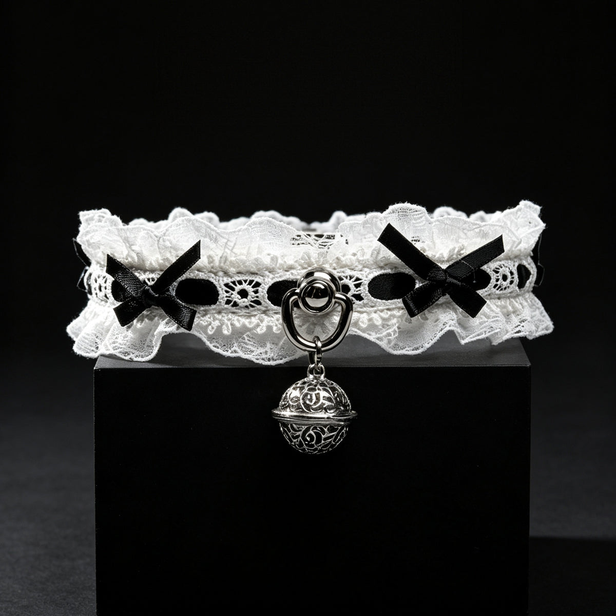 Lace Cowhide Leather Choker with Bow & Palace Bell – side view | Blackyyds