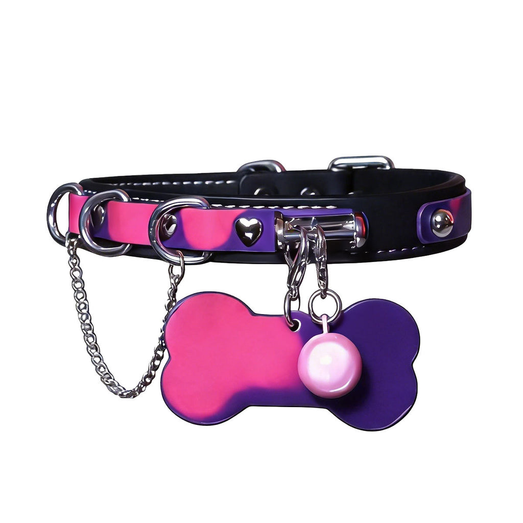 Thermochromic Genuine Leather Bell Choker with Bone Tag & Leash – side view | Blackyyds