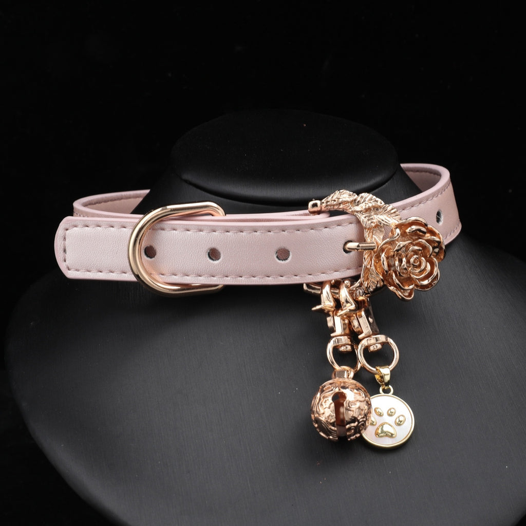 Pearlescent Pink Rose & Butterfly Bell Choker with Leash – on display | Blackyyds