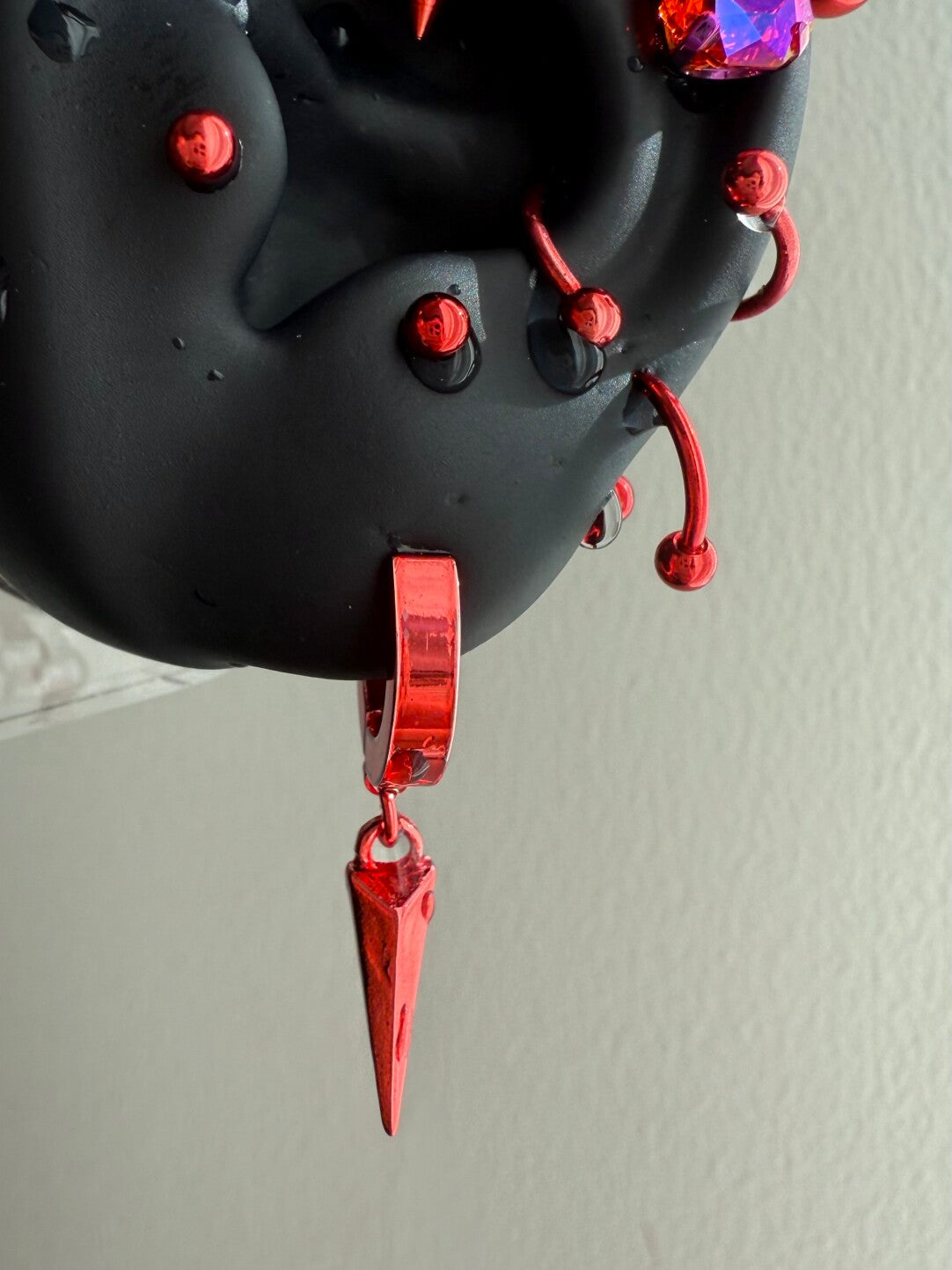 Red Titanium Steel Earrings & Titanium Alloy Zircon Ear Bone Studs |   Red Cone Pendant Ear Hoop