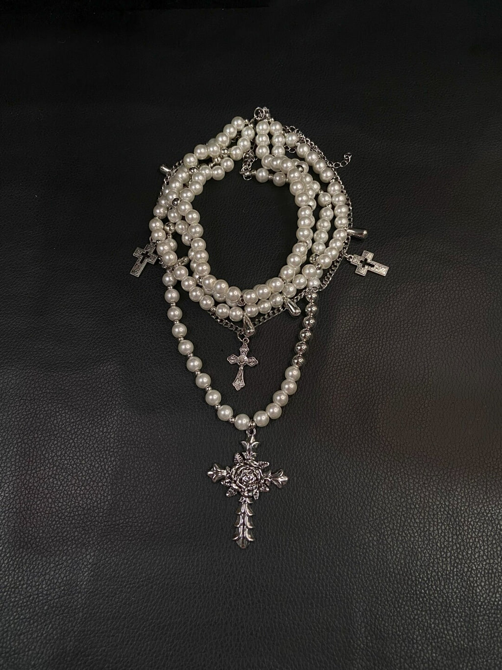 French Vintage Rose Cross Pearl Layered Necklace Set - Coquette Baroque Aesthetic
