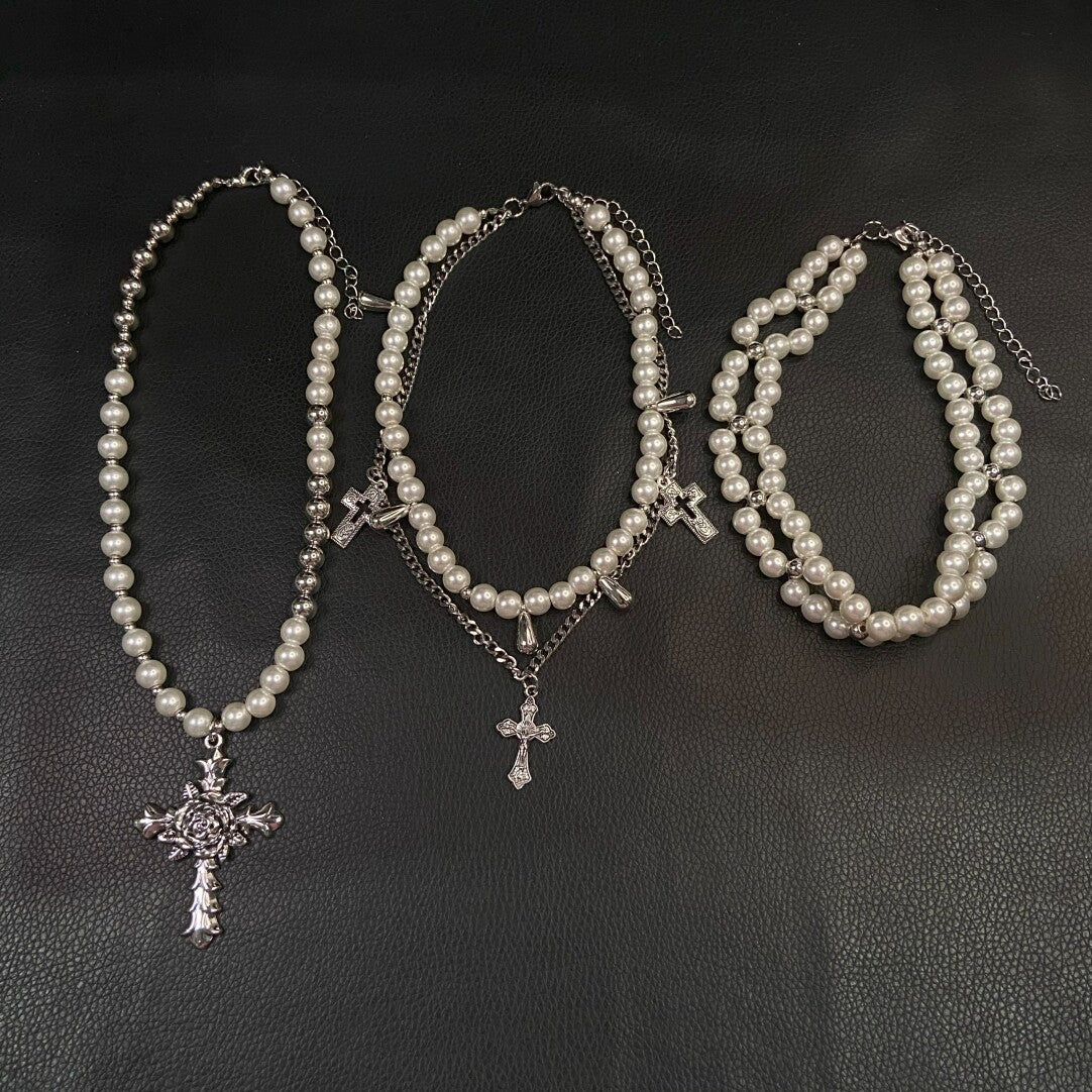 French Vintage Rose Cross Pearl Layered Necklace Set - Coquette Baroque Aesthetic