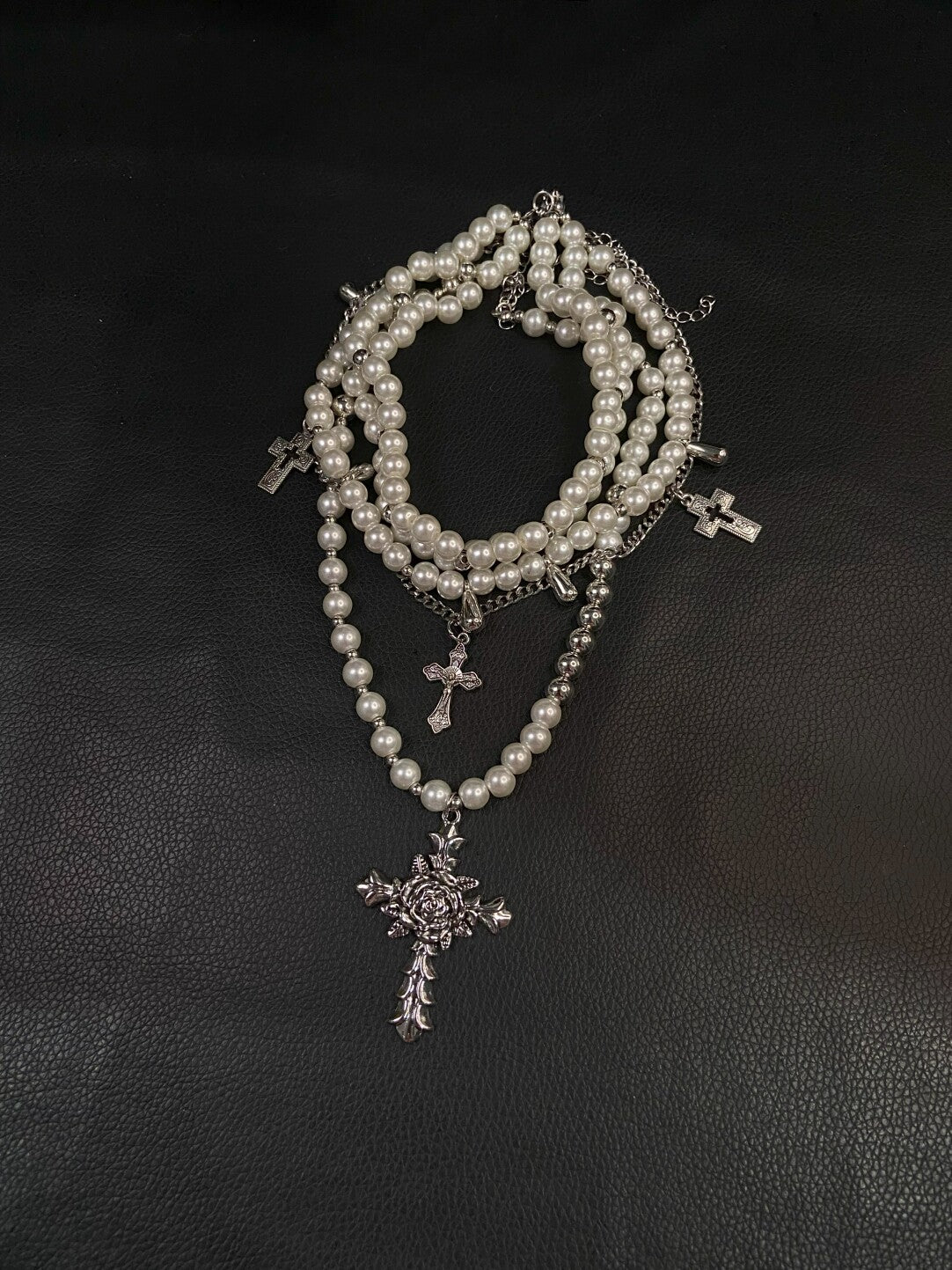 French Vintage Rose Cross Pearl Layered Necklace Set - Coquette Baroque Aesthetic