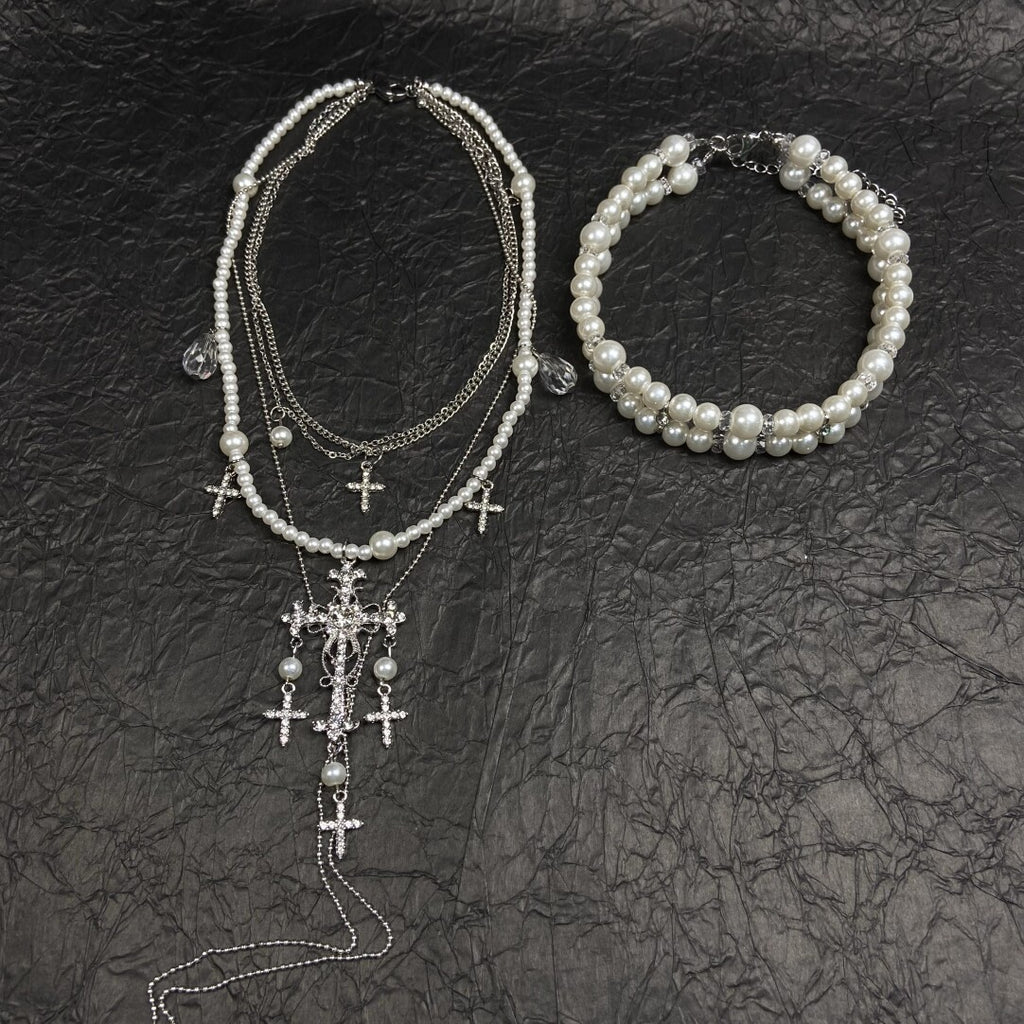 French Vintage Baroque Pearl Choker & Zircon Cross Necklace Set - 2-Piece Layered Old Money Aesthetic Jewelry