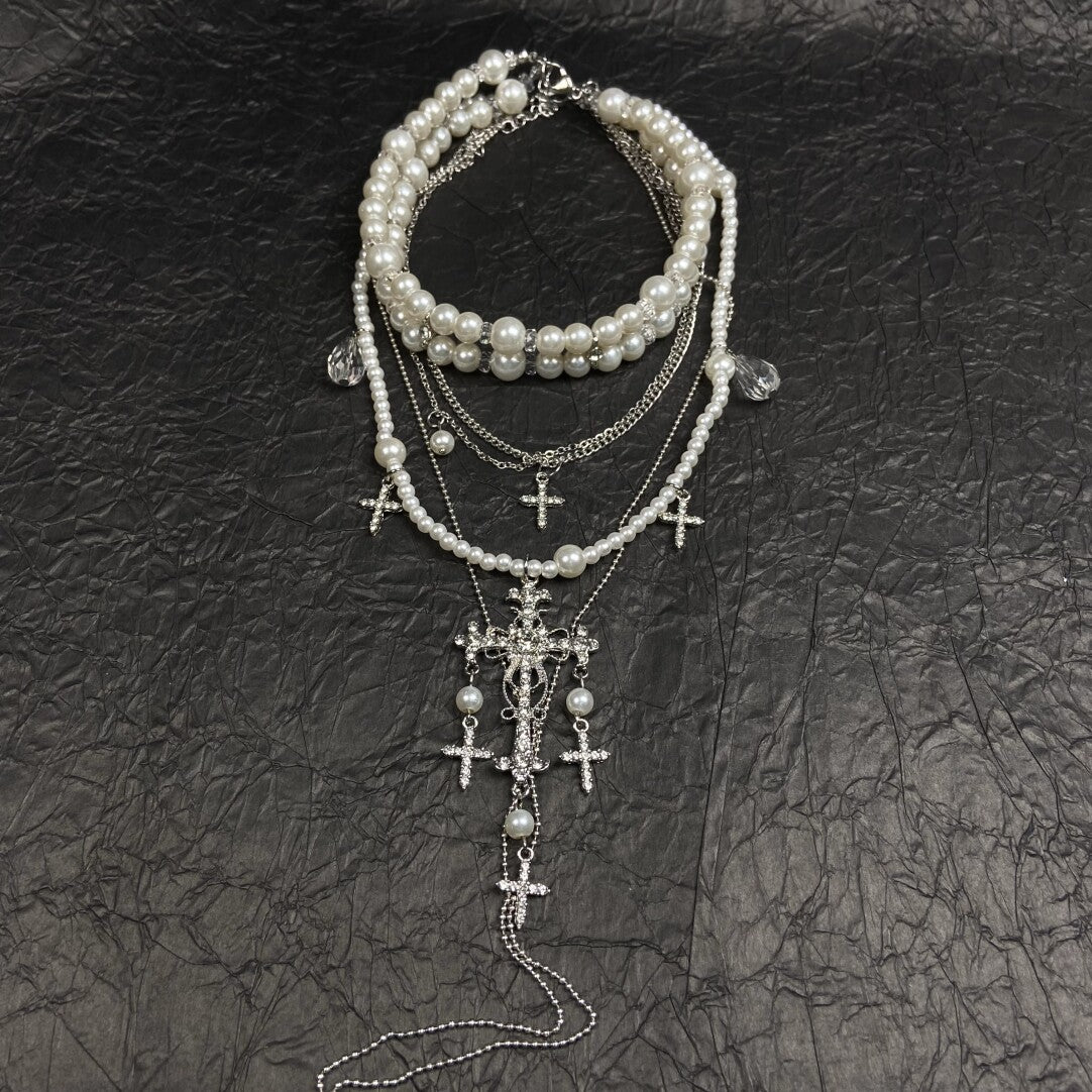 French Vintage Baroque Pearl Choker & Zircon Cross Necklace Set - 2-Piece Layered Old Money Aesthetic Jewelry