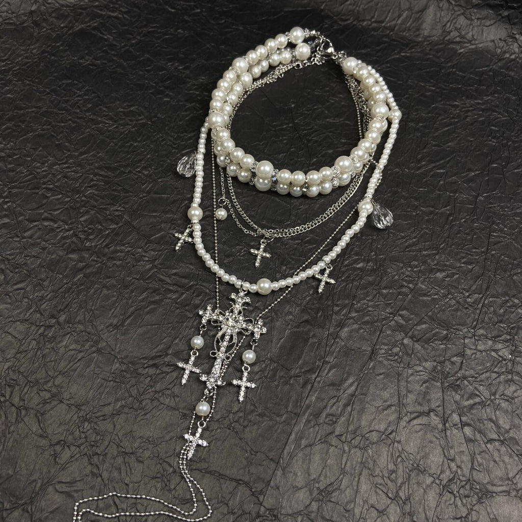French Vintage Baroque Pearl Choker & Zircon Cross Necklace Set - 2-Piece Layered Old Money Aesthetic Jewelry