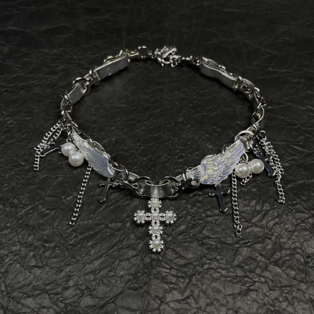 Y2K Cyber Fairy Angel Wing Pearl Cross Choker - Silver Grunge Aesthetic Necklace