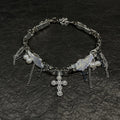 Y2K Cyber Fairy Angel Wing Pearl Cross Choker - Silver Grunge Aesthetic Necklace