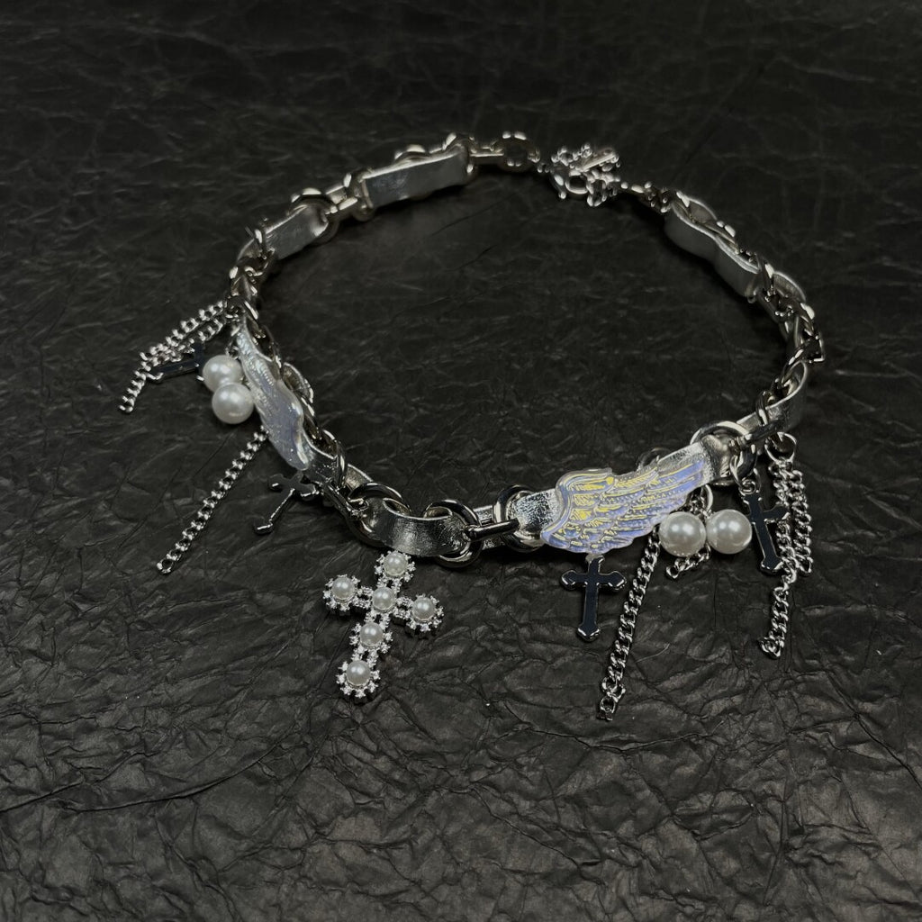 Y2K Cyber Fairy Angel Wing Pearl Cross Choker - Silver Grunge Aesthetic Necklace