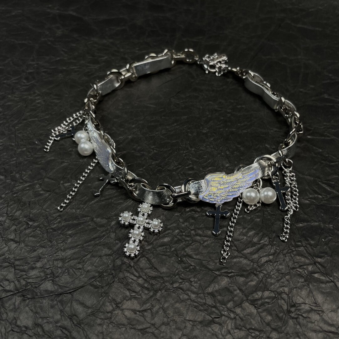 Y2K Cyber Fairy Angel Wing Pearl Cross Choker - Silver Grunge Aesthetic Necklace
