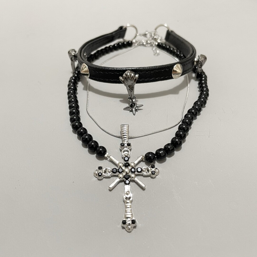 Gothic Raven Skull Rivet Choker & Black Beaded Cross Necklace Set - Dark Punk Y2K Grunge Aesthetic (2-Piece)