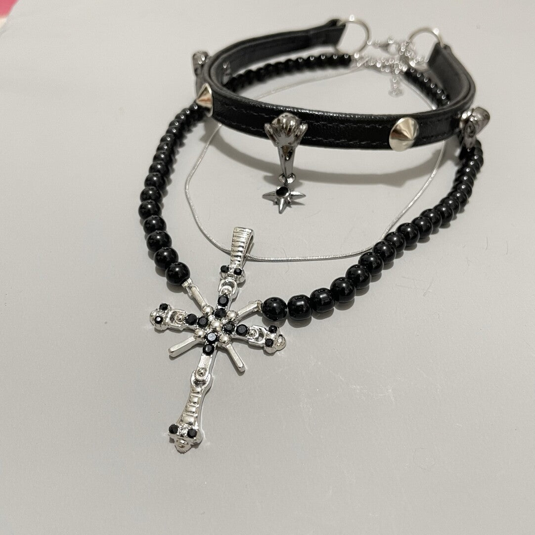 Gothic Raven Skull Rivet Choker & Black Beaded Cross Necklace Set - Dark Punk Y2K Grunge Aesthetic (2-Piece)
