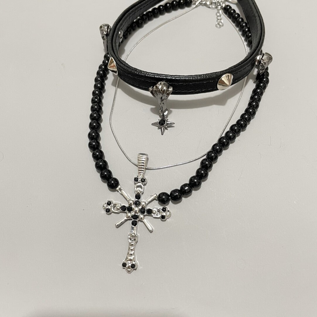 Gothic Raven Skull Rivet Choker & Black Beaded Cross Necklace Set - Dark Punk Y2K Grunge Aesthetic (2-Piece)