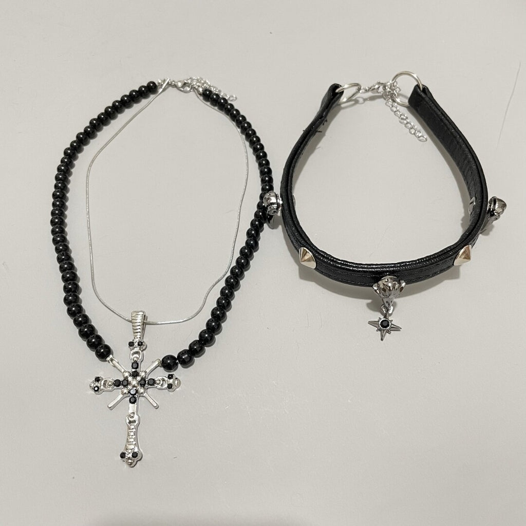 Gothic Raven Skull Rivet Choker & Black Beaded Cross Necklace Set - Dark Punk Y2K Grunge Aesthetic (2-Piece)
