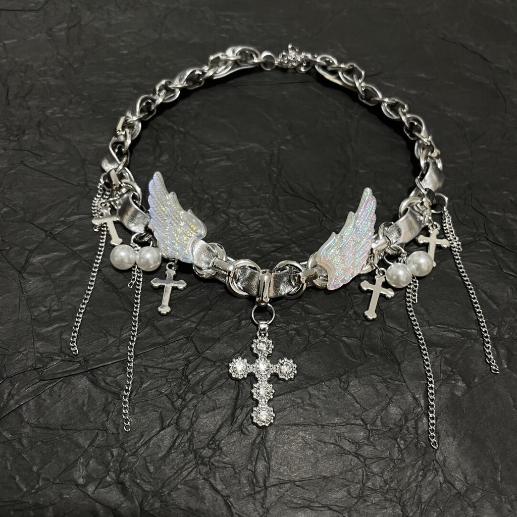 Y2K Cyber Fairy Angel Wing Cross Choker - Holographic Silver Chain Necklace (Coquette Grunge Aesthetic)