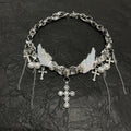 Y2K Cyber Fairy Angel Wing Cross Choker - Holographic Silver Chain Necklace (Coquette Grunge Aesthetic)