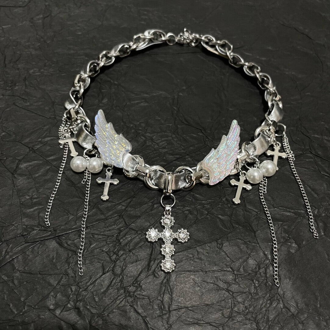 Y2K Cyber Fairy Angel Wing Cross Choker - Holographic Silver Chain Necklace (Coquette Grunge Aesthetic)
