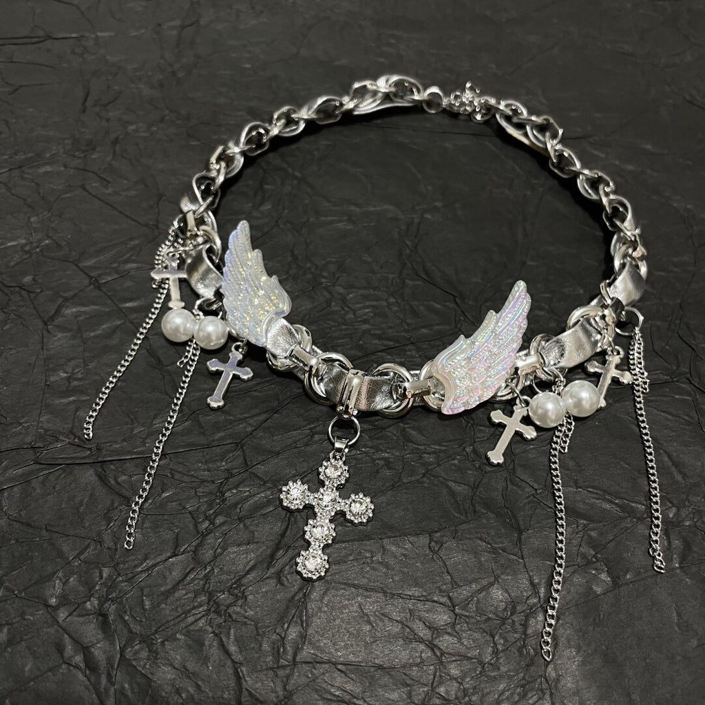 Y2K Cyber Fairy Angel Wing Cross Choker - Holographic Silver Chain Necklace (Coquette Grunge Aesthetic)
