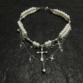 Fairy Grunge Double Layer Pearl Cross Necklace - Coquette Aesthetic Star Charm Choker