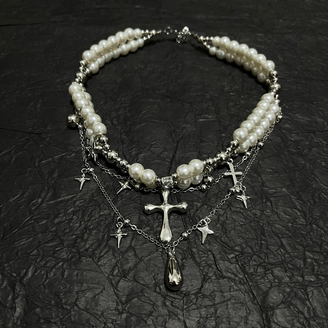 Fairy Grunge Double Layer Pearl Cross Necklace - Coquette Aesthetic Star Charm Choker