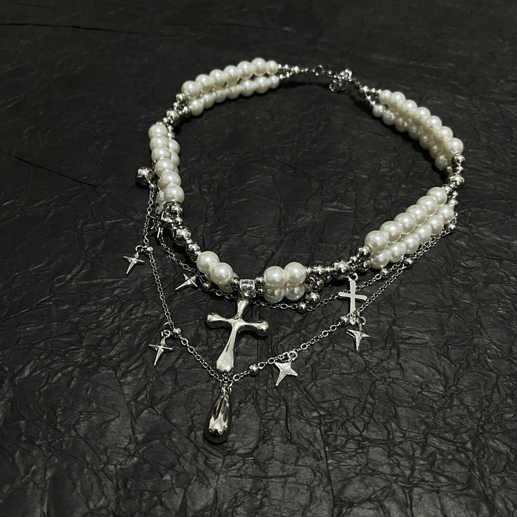 Fairy Grunge Double Layer Pearl Cross Necklace - Coquette Aesthetic Star Charm Choker