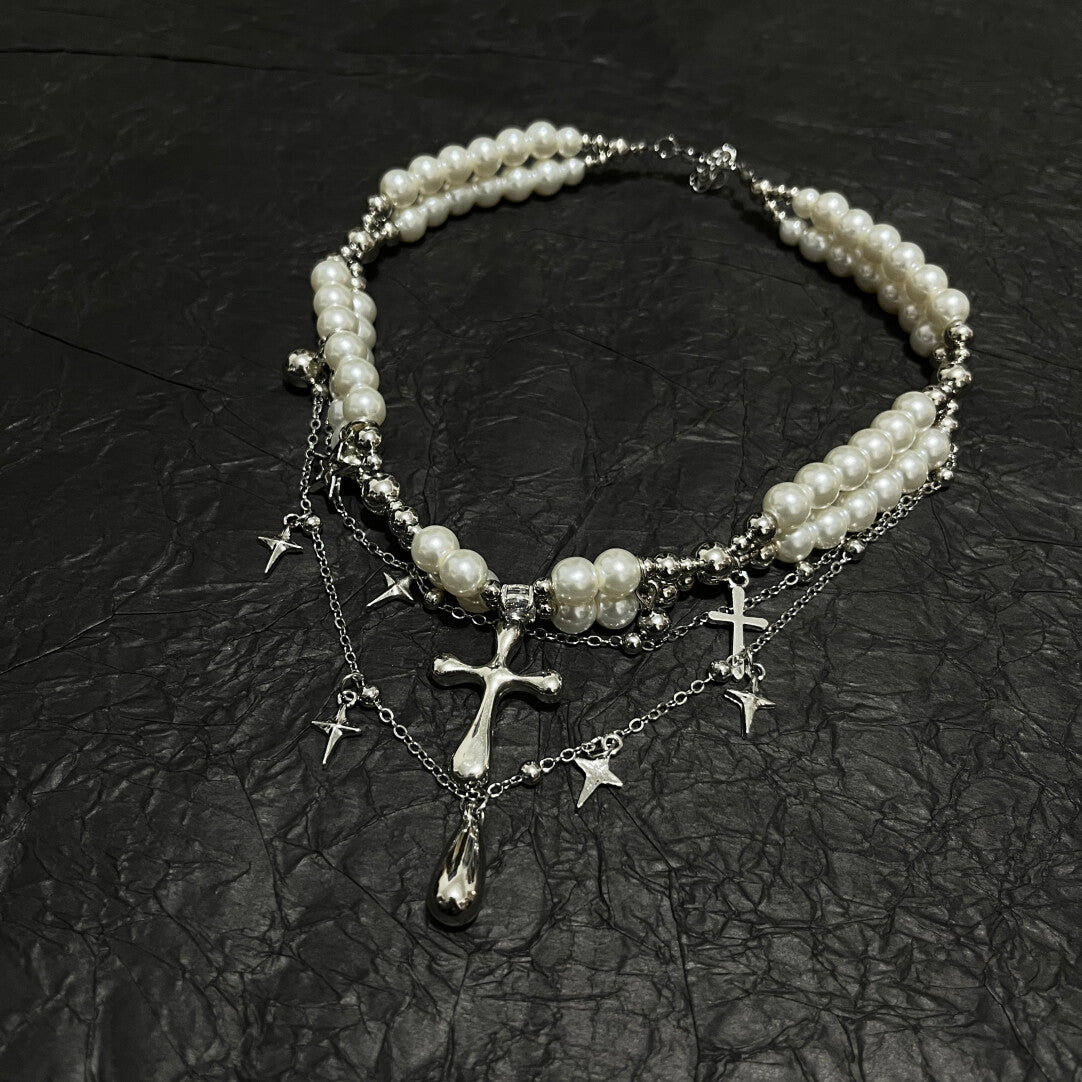 Fairy Grunge Double Layer Pearl Cross Necklace - Coquette Aesthetic Star Charm Choker