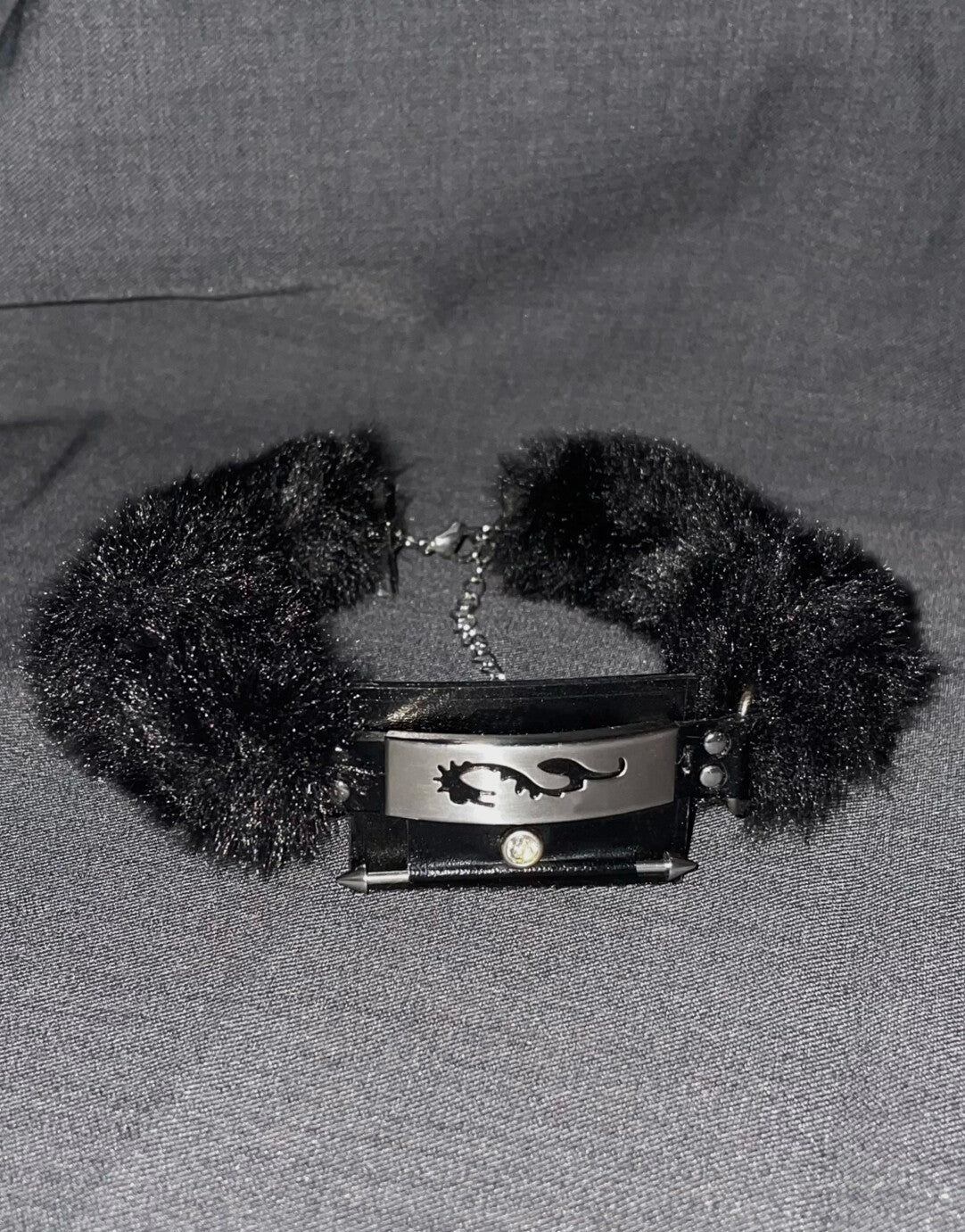 Neo-Chinese Cyber Dragon Fur Choker - Handmade Leather Subculture Collar with Metal Totem (Original Design)