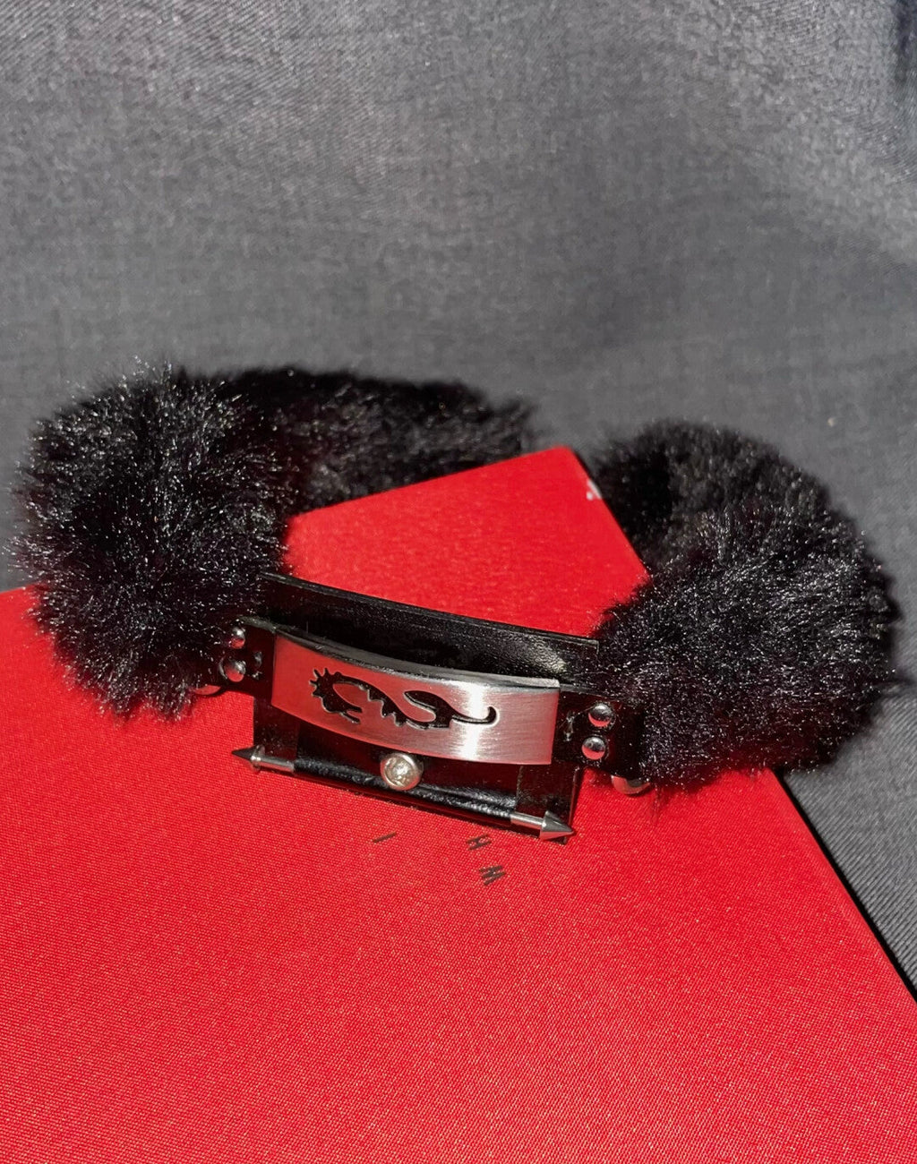 Neo-Chinese Cyber Dragon Fur Choker - Handmade Leather Subculture Collar with Metal Totem (Original Design)