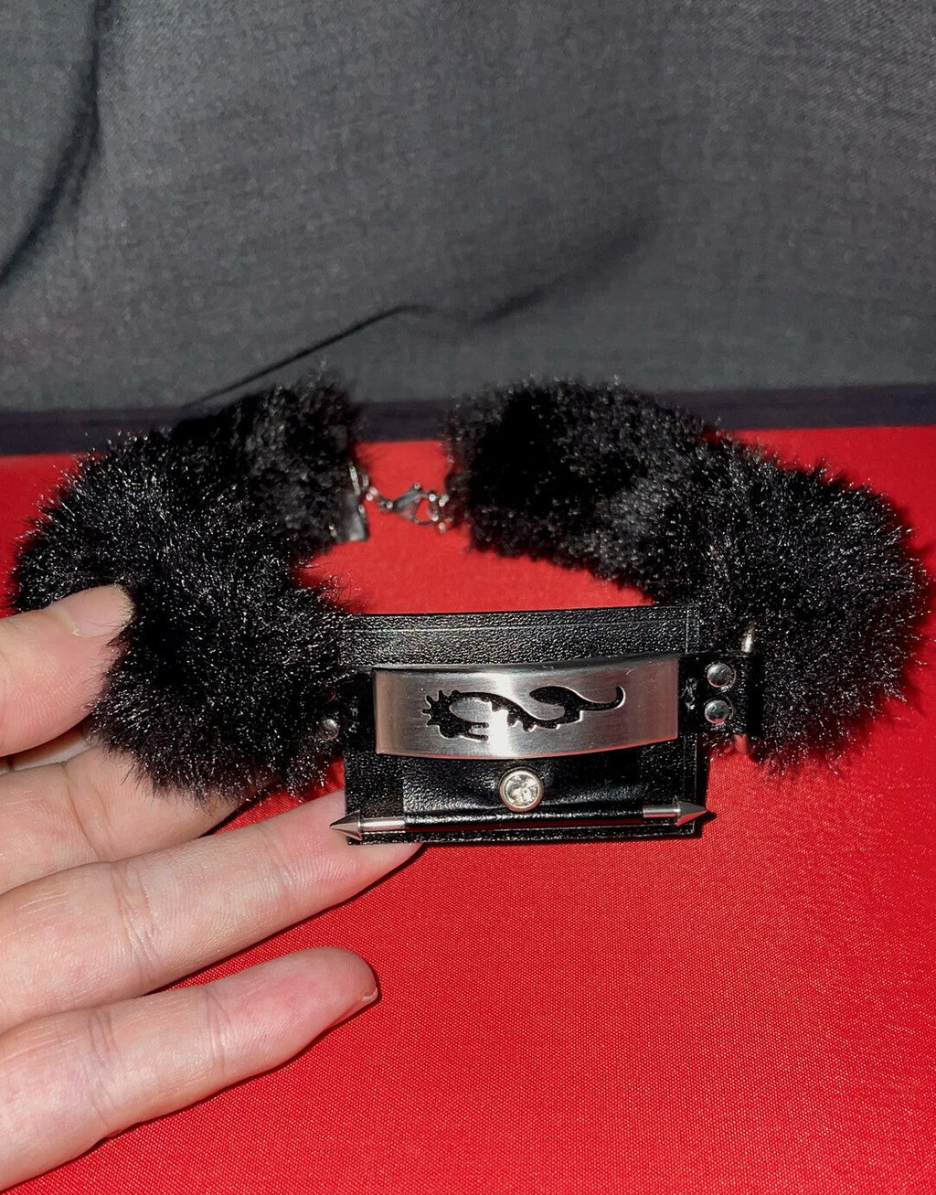 Neo-Chinese Cyber Dragon Fur Choker - Handmade Leather Subculture Collar with Metal Totem (Original Design)
