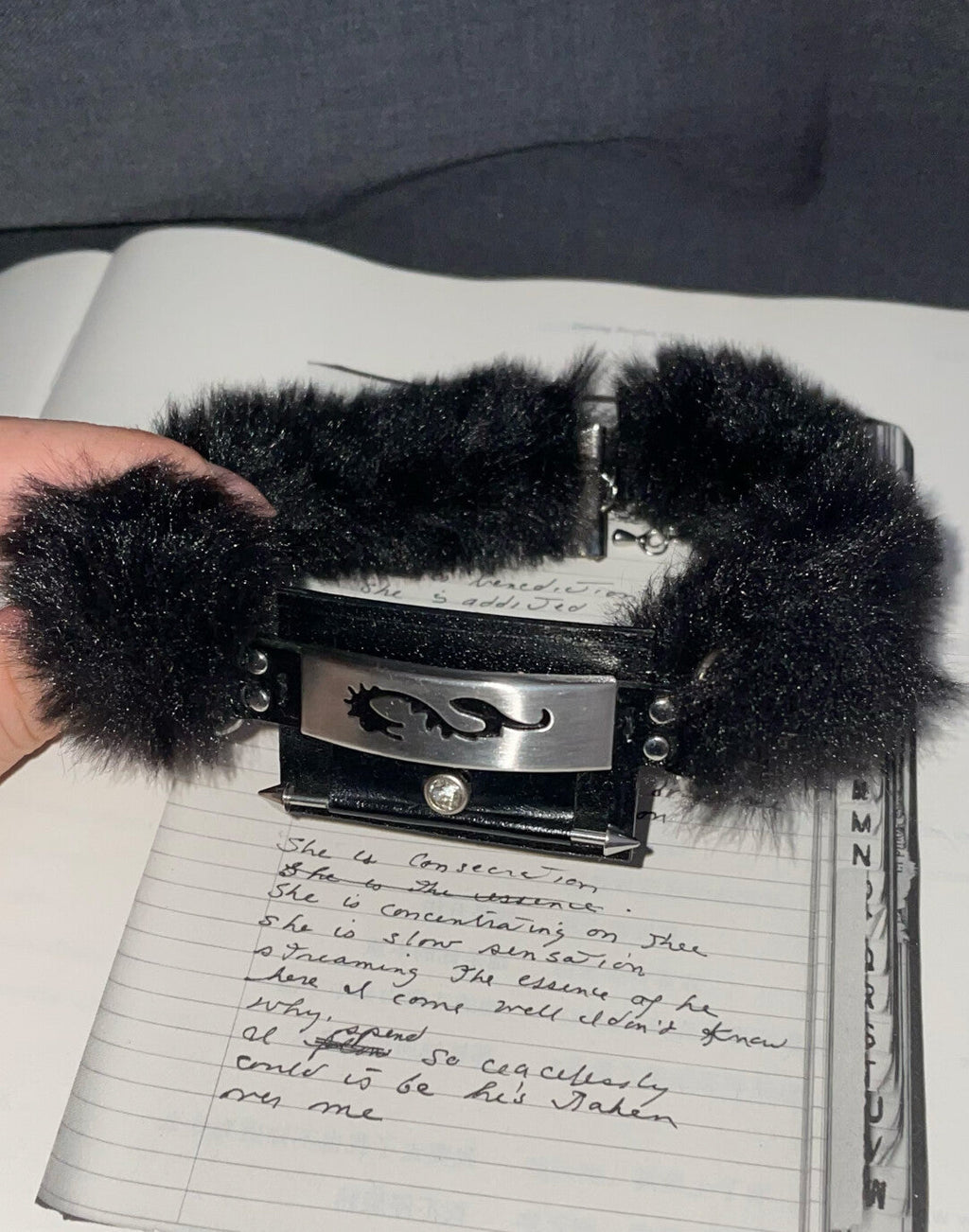 Neo-Chinese Cyber Dragon Fur Choker - Handmade Leather Subculture Collar with Metal Totem (Original Design)