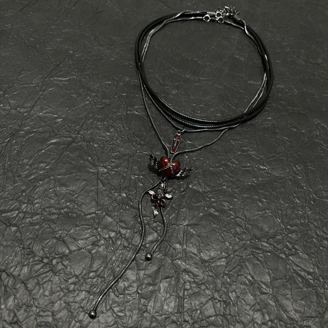 Gothic Vampire Red Heart Wing & Coffin Necklace Set - Dark Romance Layered Choker (2-Piece)