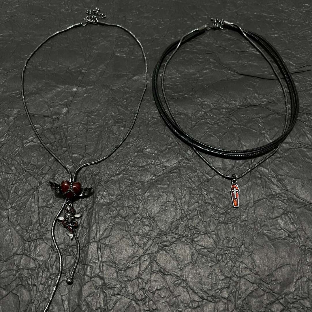 Gothic Vampire Red Heart Wing & Coffin Necklace Set - Dark Romance Layered Choker (2-Piece)